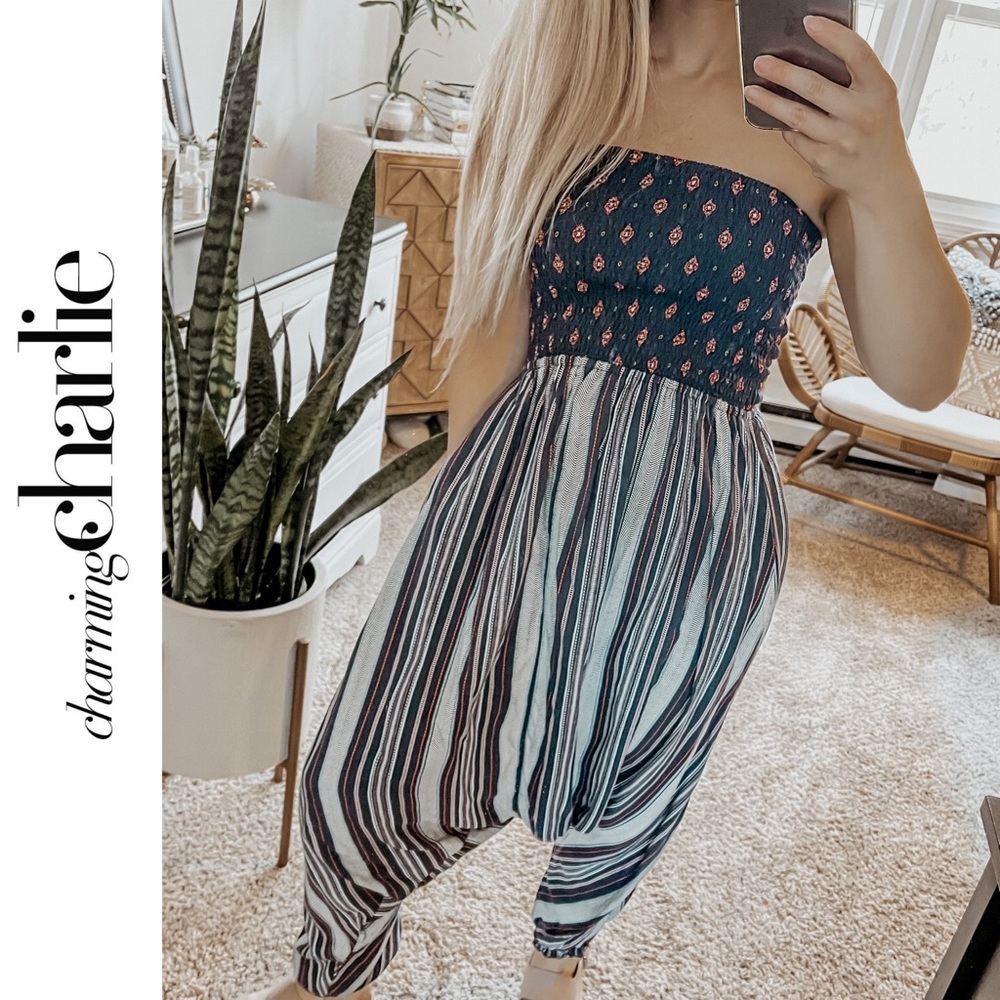 Charming Charlie | Blue Strapless Harem Jumpsuit